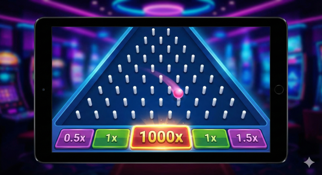 Interface du jeu de casino Plinko montrant les picots et les multiplicateurs
